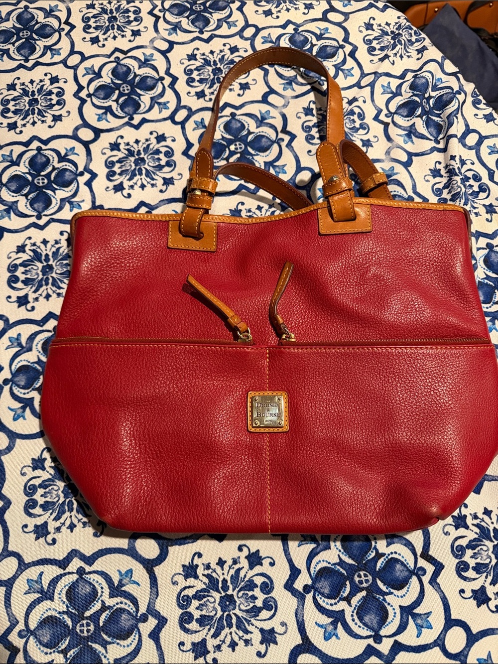 Dooney & Bourke Red Leather Tote with Tan Trim and Gold Logo